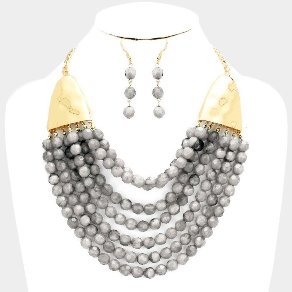Multi strand grey beaded necklace set